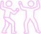 Deux personnages stylisés en rose, bras levés, jambes fléchies, dansent ou font de l'exercice sur fond noir. Représentation pixelisée d'activité physique.