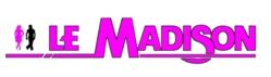 Logo dynamique LE Madison en magenta. Deux silhouettes, femme rose et homme noir, dansant, suggérant un club ou une soirée animée.