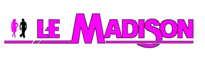 Logo dynamique LE Madison en magenta. Deux silhouettes, femme rose et homme noir, dansant, suggérant un club ou une soirée animée.
