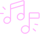 Trois notes de musique roses éclatantes, deux liées par une barre, sur un fond noir uni, symbolisant le son et la mélodie.